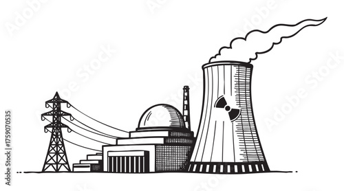 Detailed black and white illustration of a nuclear power plant with cooling tower and transmission lines emitting steam.