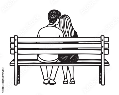 Black and white illustration of a caucasian male and female couple sitting closely on a wooden park bench, viewed from behind.