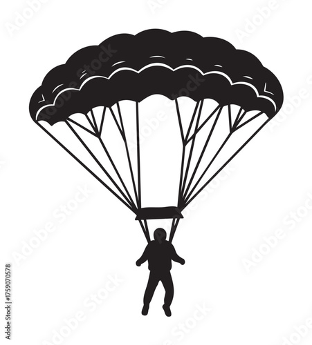 Silhouette of a person paragliding with a wide parachute canopy, showing intricate lines and structure, capturing a sense of adventure.