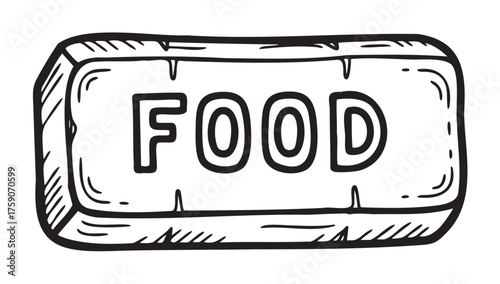 Hand-drawn black and white bar of food ration with the word "food" prominently displayed on its surface.
