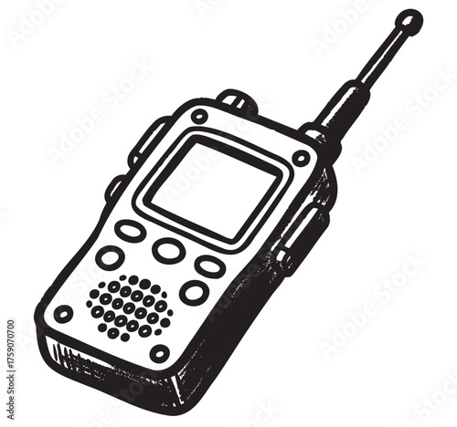 Black and white outline of a handheld walkie-talkie with an extended antenna and multiple buttons, used for communication in various outdoor activities.