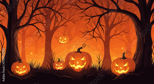 Spooky Enchanted Forest Halloween Wallpaper with Glowing Jack-o'-Lanterns and Eerie Trees