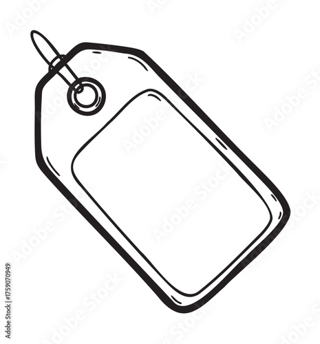 Black outline vector icon of a price tag with a string looped through a hole, suitable for retail and sale concepts.