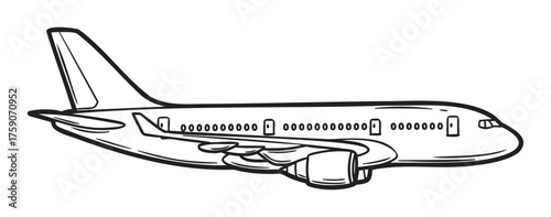 Black outline drawing of a commercial airplane with visible engines and detailed windows. illustration emphasizes wing structure and streamlined design.