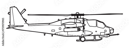 Black outline vector icon of a detailed military helicopter in side view, featuring rotor blades and weaponry.