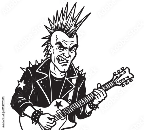 Black and white illustration of a male punk musician with a mohawk hairstyle playing an electric guitar, wearing a spiked leather jacket.