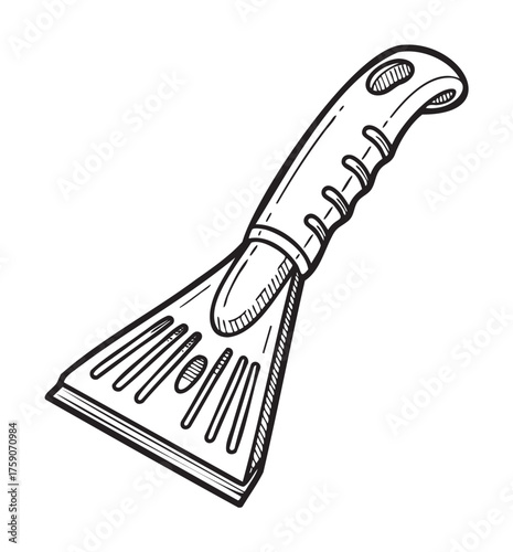 Black and white vector drawing of a hand-held ice scraper with a textured grip handle, showcasing its functional design for winter car maintenance.
