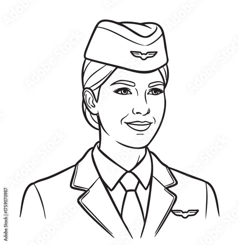 Black outline vector sketch of a smiling female flight attendant wearing a uniform with a hat and tie, suggesting professionalism and hospitality.