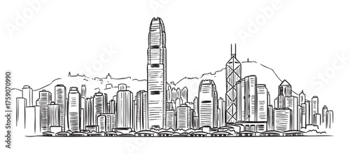Black outline vector drawing of a city skyline featuring various tall skyscrapers set against a mountainous backdrop.