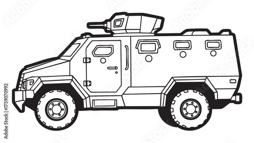 Black outline drawing of an armored military vehicle with a mounted turret, designed for tactical operations and personnel protection.