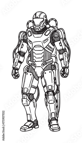 Detailed black-and-white sketch of a futuristic robotic exoskeleton suit standing upright, showcasing intricate armor plating and mechanical components.