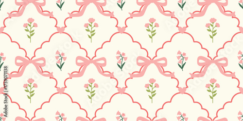 Coquette Floral trellis seamless pattern with bows and ribbons. Preppy spring summer hand drawn flowers. Botanical elegant trendy print. Vintage design for fabric, wallpaper, decor, background, paper