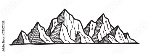 Black outline drawing of a range of jagged, snow-capped mountains, featuring sharp peaks and detailed shading for an adventurous and rugged terrain depiction.