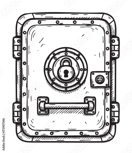 Detailed black and white sketch of a secure metal safe door with a circular lock and handle, featuring rivets and bolts for a fortified appearance.