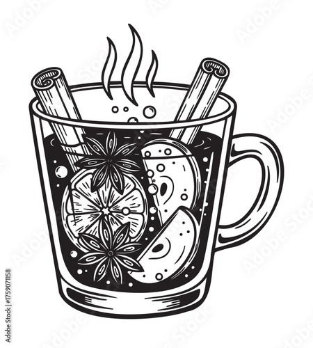Black and white drawing of a steaming mug filled with mulled wine, garnished with orange slices, star anise, and cinnamon sticks.