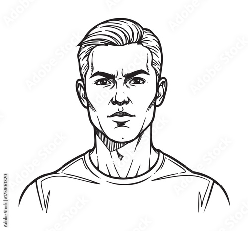 Black and white sketch of a caucasian male adult with short hair and a serious expression, wearing a simple t-shirt.