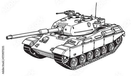 Detailed black and white illustration of a military tank with a long barrel and visible turret features, showcasing tracks and hatch details.