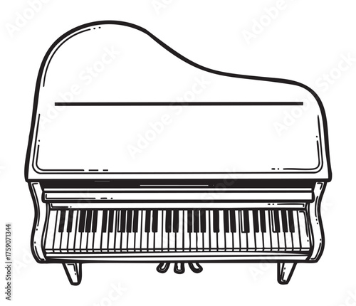 Black outline vector icon of a grand piano with detailed keys and elegant curves, suitable for music and instrument concepts.