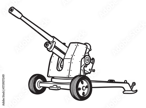 Black outline drawing of a vintage artillery cannon on wheels, showcasing intricate details of its mechanical components and structure.