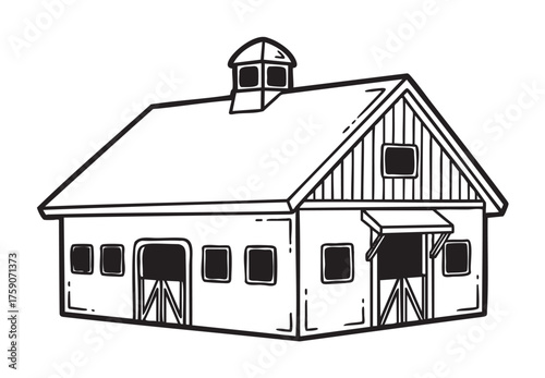 Black outline vector icon of a classic barn with a pitched roof and small windows, featuring a central door and a cupola vent on top.