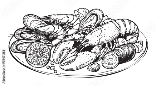 Black and white vector drawing of a seafood platter featuring lobster, shrimp, mussels, and lemon slices arranged in an appealing presentation.
