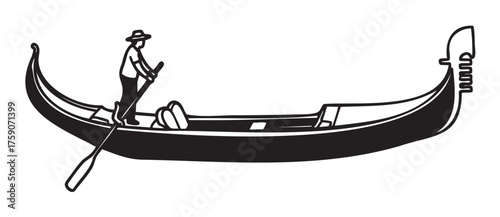 Black outline vector icon of a gondolier standing on a gondola, steering with an oar. minimal linear illustration for transportation, sightseeing, and venetian culture themes.