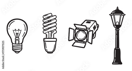 Black and white outline illustration of a traditional light bulb, compact fluorescent bulb, studio light, and vintage street lamp.