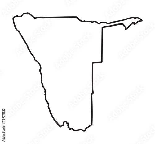 Black outline of the geographic shape of namibia, showcasing the country's distinctive borders and coastline.