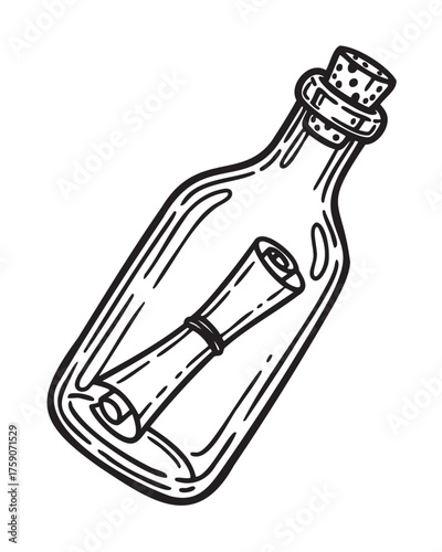 Black outline drawing of a corked glass bottle with a scroll inside, symbolizing a message in a bottle concept.