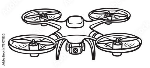 Black outline illustration of a quadcopter drone with four propellers and a central camera, showcasing a simple design for technology and gadget themes.