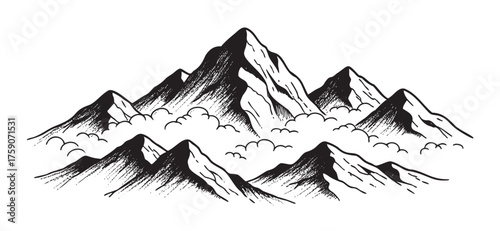 Black outline vector drawing of a mountain range shrouded in clouds with numerous peaks and ridges, conveying a sense of adventure and exploration.
