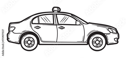 Black outline drawing of a classic taxi cab showing a side view with a traditional roof sign. the vehicle is detailed with clear windows and circular wheels.