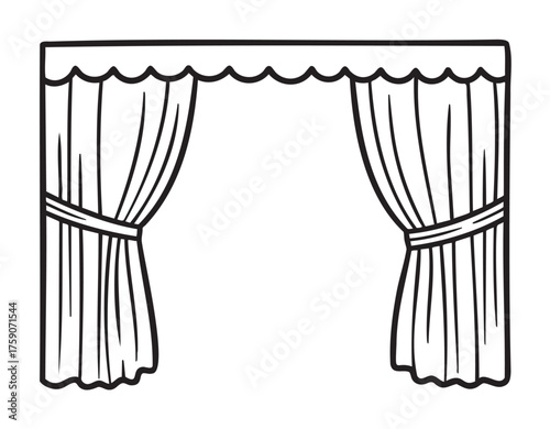 Black outline drawing of an elegant set of curtains tied to the side, featuring a scalloped valance at the top and vertical pleats.