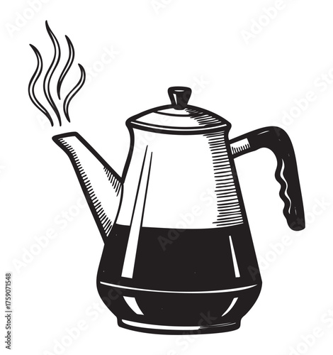 Black and white sketch of a vintage coffee pot with steam rising from its spout, featuring a curved handle.