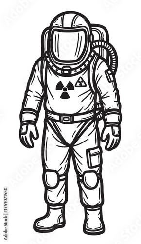 Black and white illustration of a full-body hazmat suit with helmet and radiation symbol, emphasizing safety and protection.