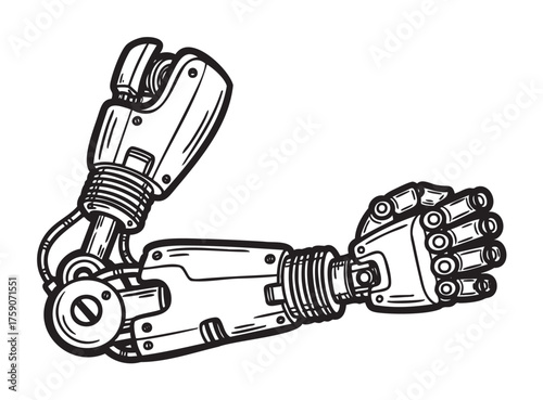Black and white sketch of a mechanical robotic arm with detailed components and intricate design features, showcasing technological innovation and engineering precision.