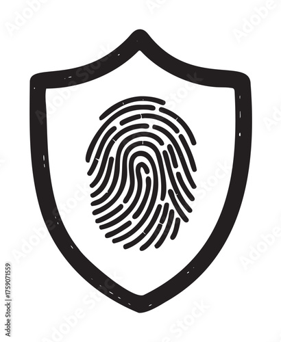 Black outline icon of a fingerprint enclosed within a shield, symbolizing security and identity protection.