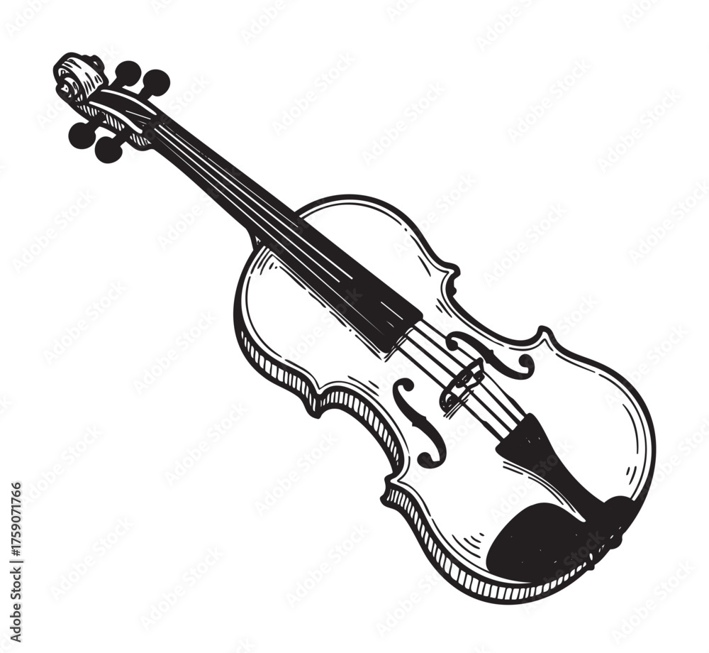 Obraz premium Detailed black and white sketch of a classic violin with visible strings and tuning pegs, highlighting its elegant curves and intricate details.