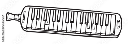 Black and white illustration of a melodica with visible keyboard and mouthpiece, shown from a slightly angled perspective.
