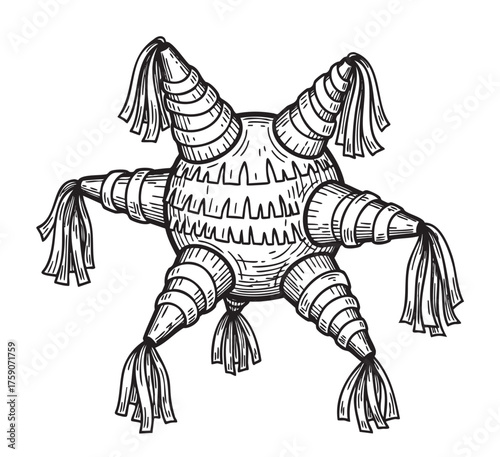Hand-drawn sketch of a traditional five-point mexican piñata with fringed cone decorations, symbolizing festive celebrations.