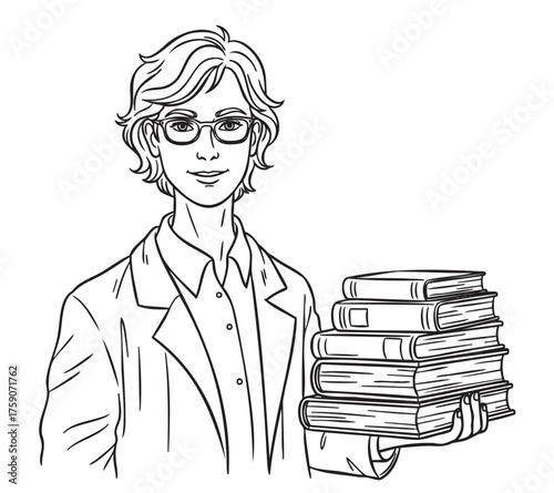Black and white drawing of a caucasian male with glasses and medium-length hair, dressed in a blazer, holding a stack of books in his right hand with a confident expression.