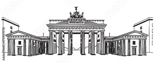 Black outline drawing of the brandenburg gate with detailed columns and architectural features, symbolizing its historical importance.