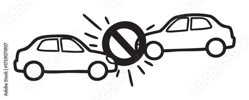 Black outline drawing of two cars crashing with a prohibition sign in the middle, representing a concept of preventing car accidents.