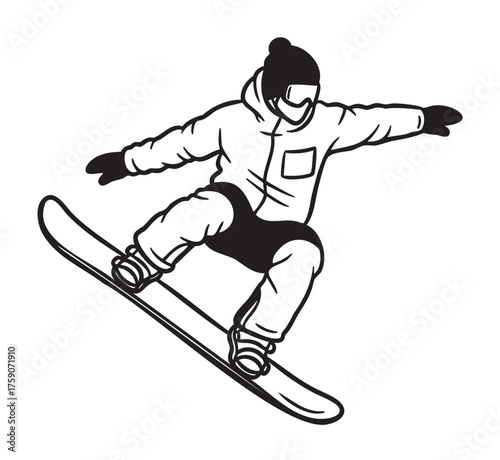 Black and white outline of a snowboarder in mid-air, wearing winter gear including a helmet and gloves, showcasing a dynamic snowboarding pose.