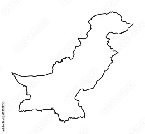 Black outline representing the geographical shape of pakistan, illustrating its distinct contours and borders with minimal detail.