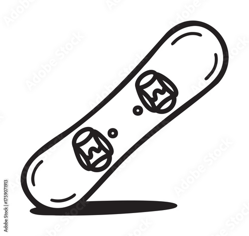 Black outline vector icon of a snowboard with two bindings, illustrated in minimal linear style for winter sports and snowboarding concepts.