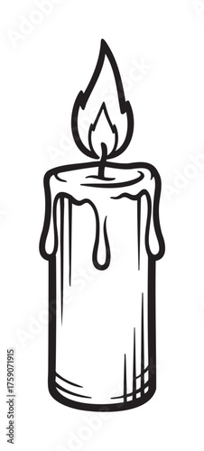 Black outline drawing of a lit candle with melting wax, featuring a simple flame design.