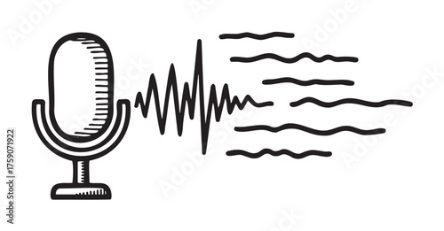 Hand-drawn black outline of a vintage microphone emitting sound waves, symbolizing audio recording or broadcasting.