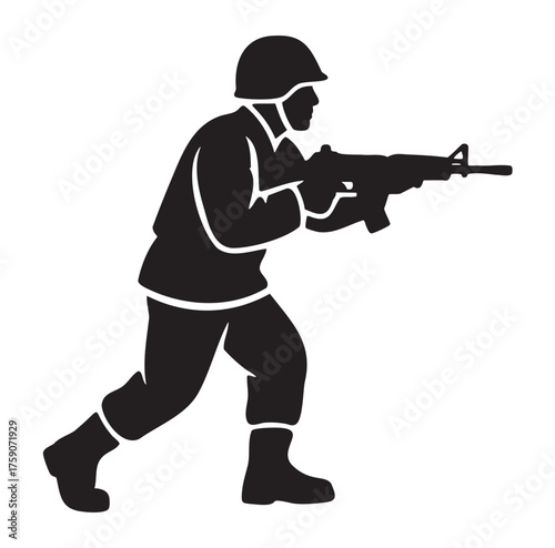 Black silhouette of a male soldier in action, carrying a rifle and wearing a helmet and combat gear.