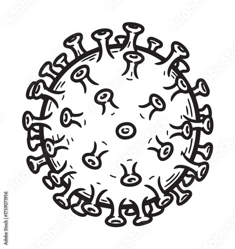 Black outline drawing of a spherical virus with protruding spike proteins, resembling a microscopic view of a viral particle.